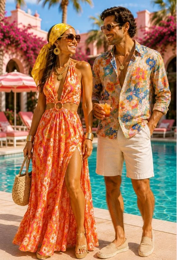 Pareja junto a la piscina con look 70s glam: vestido largo estampado con pañuelo en la cabeza y camisa de flores con bermuda